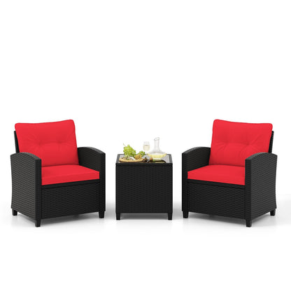 3 Pieces Patio Furniture Set with Tempered Glass Coffee Table-Black