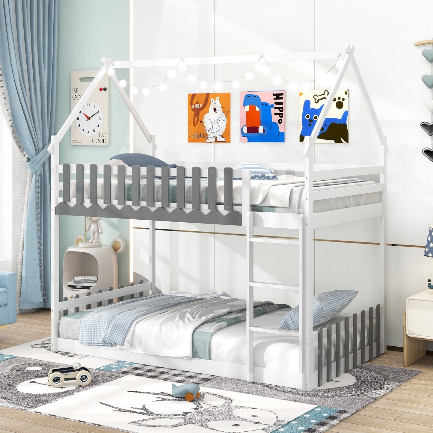 Twin Over Twin Bunk Bed with Fence and Ladder for Kids-Gray
