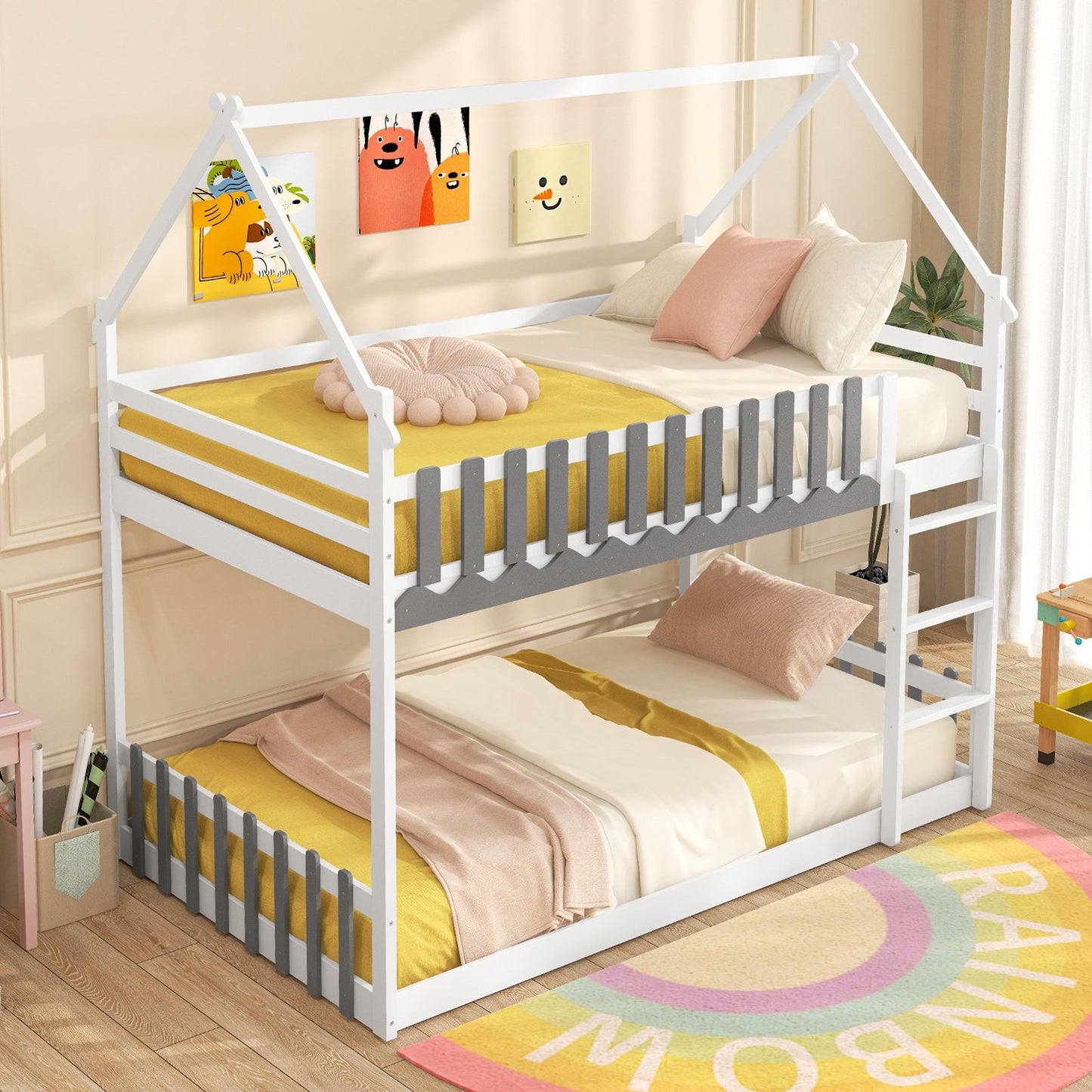 Twin Over Twin Bunk Bed with Fence and Ladder for Kids-Gray