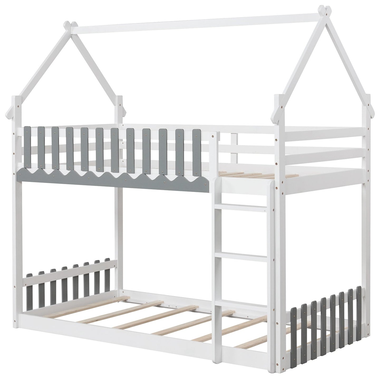 Twin Over Twin Bunk Bed with Fence and Ladder for Kids-Gray