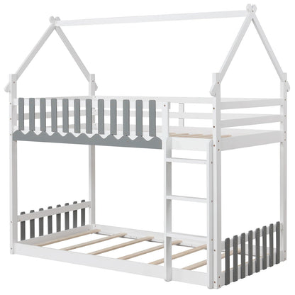 Twin Over Twin Bunk Bed with Fence and Ladder for Kids-Gray