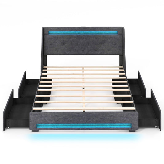 Full Size Bed Frame with LED Lights Wingback Headboard and Charging Station-Grey
