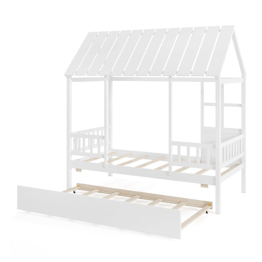 Twin Size House Bed with Trundle Kids Platform Bed with Roof Window-White