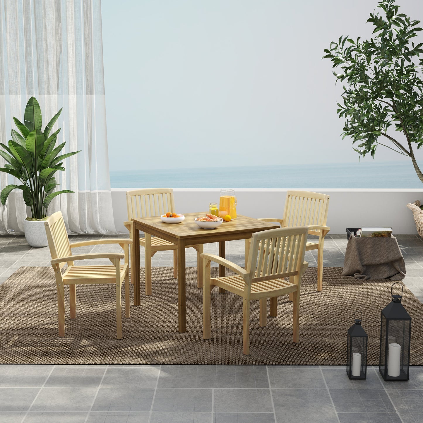 Set of 4 Outdoor Patio Chair with Slatted Seat and Curved Seat
