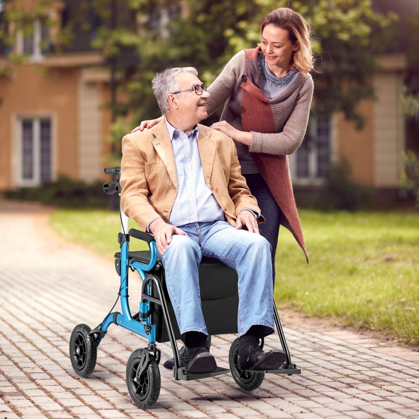 2-in-1 Foldable Rollator Walker with Seat abd 9 Inch Pneumatic Tires for Seniors-Black