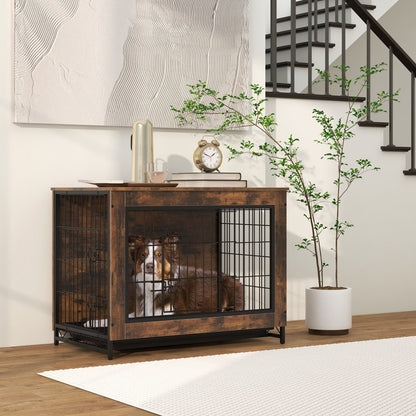 Dog Crate Furniture with Double Lockable Doors and Removable Pull-out Tray-S