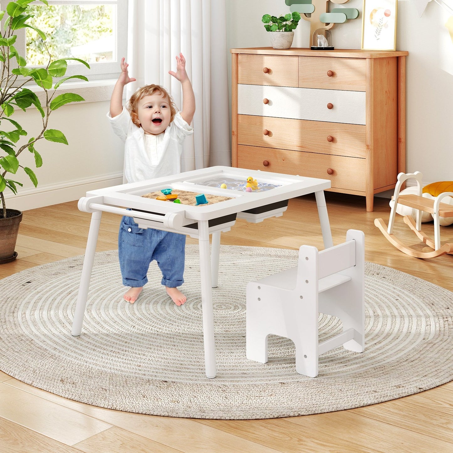 Sensory Table and Chair Set for Kids 2-8 with Foldable Bins-Natural