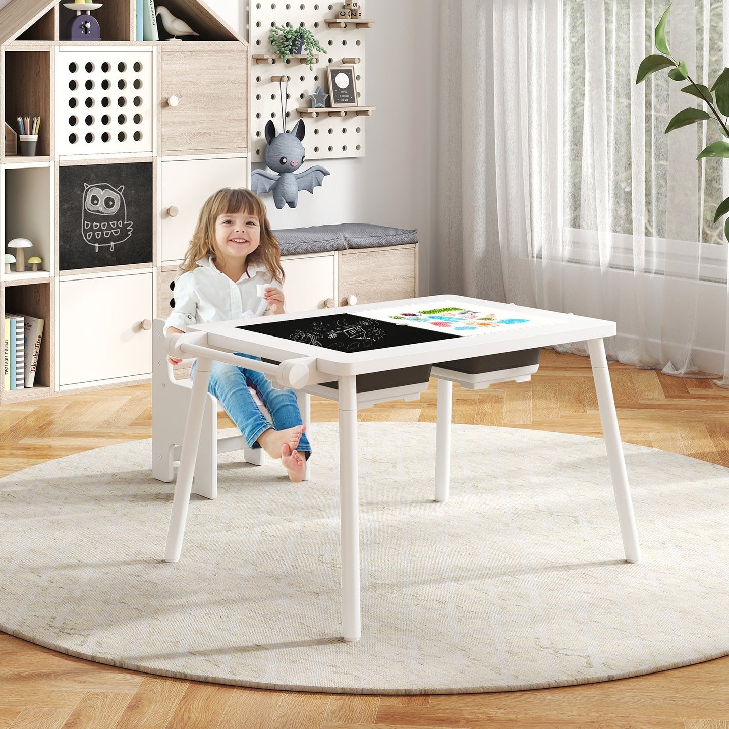 Sensory Table and Chair Set for Kids 2-8 with Foldable Bins-Natural
