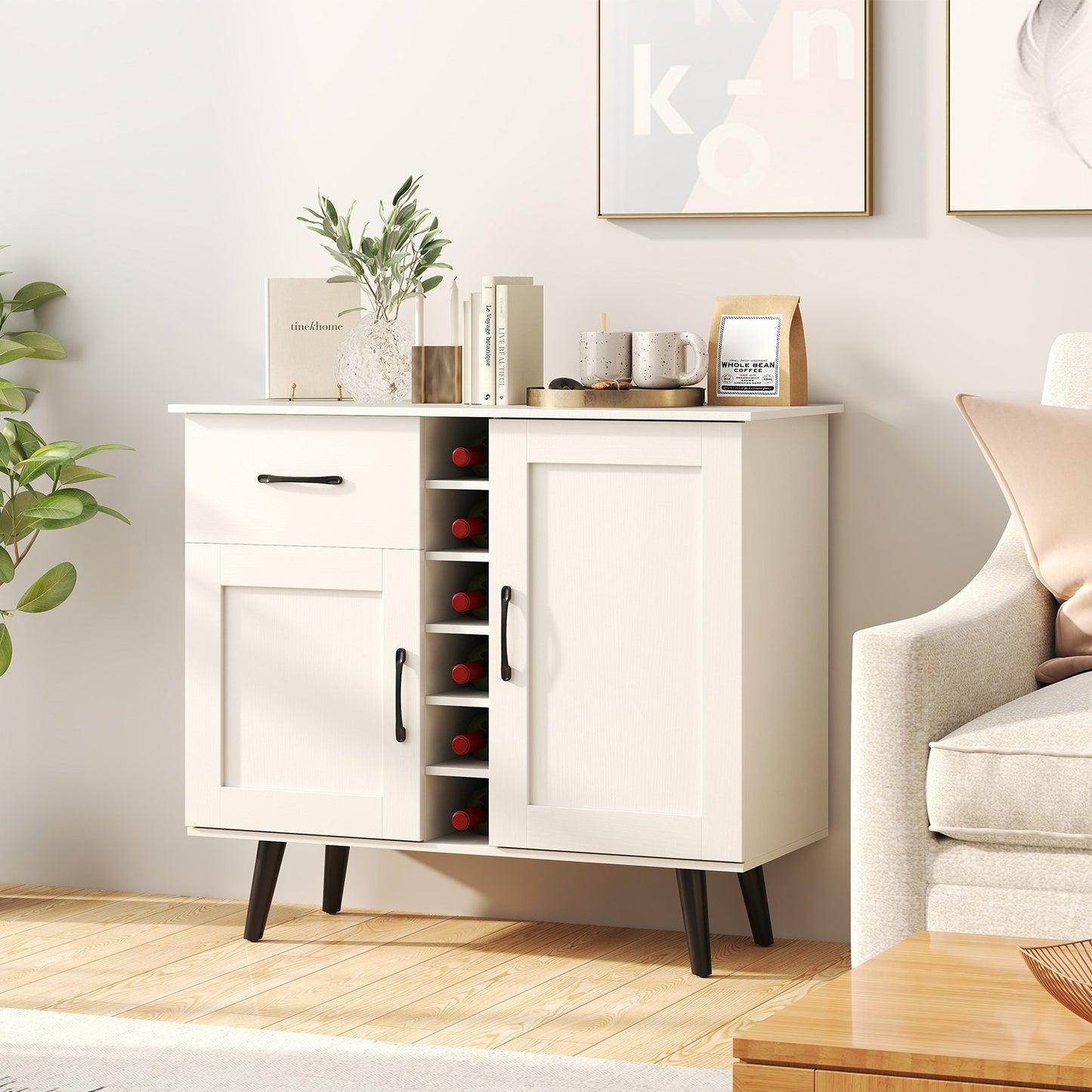 Modern Wine Bar Buffet Cabinet with 6-Bottle Wine Rack-White