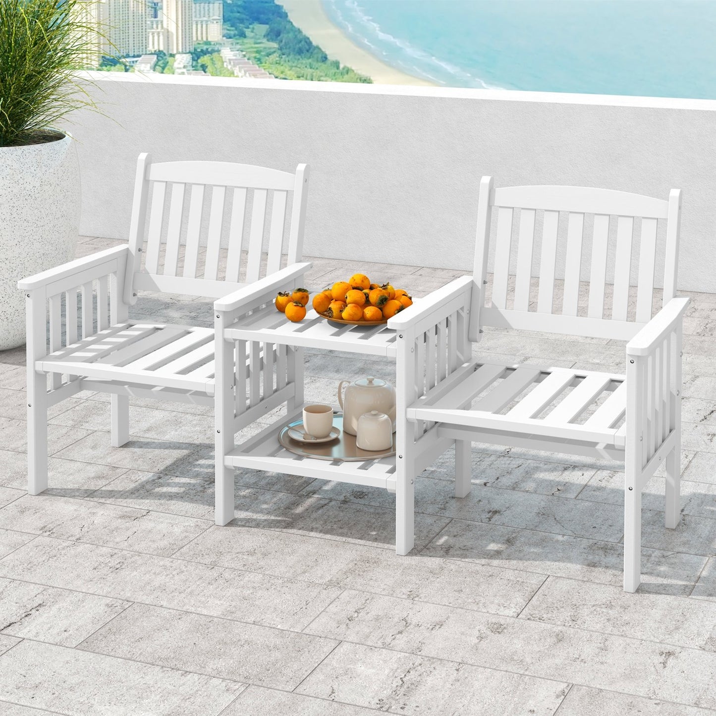 Outdoor Fir Wood Loveseat with 2-Tier Side Table and 1.96" Umbrella Hole-Coffee