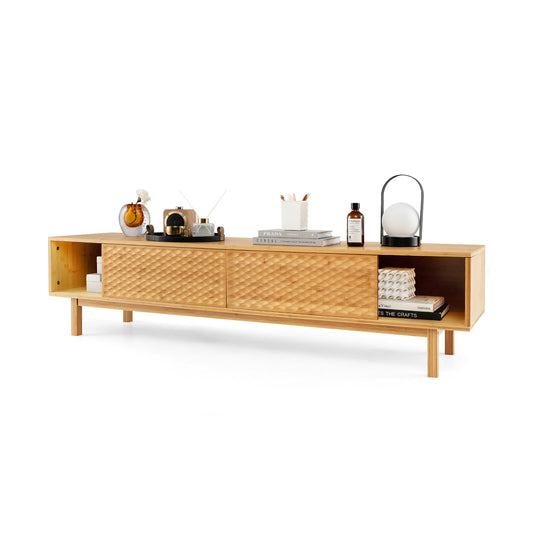 63 Inches Mid Century Modern Bamboo TV Stand with Sliding Doors-Natural