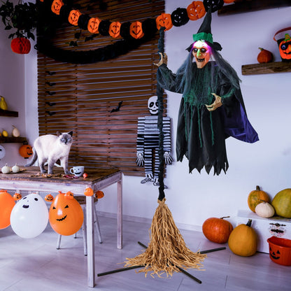 7-foot witch Halloween animatronic on broom with LED lights, spooky holiday decor for Halloween celebrations.