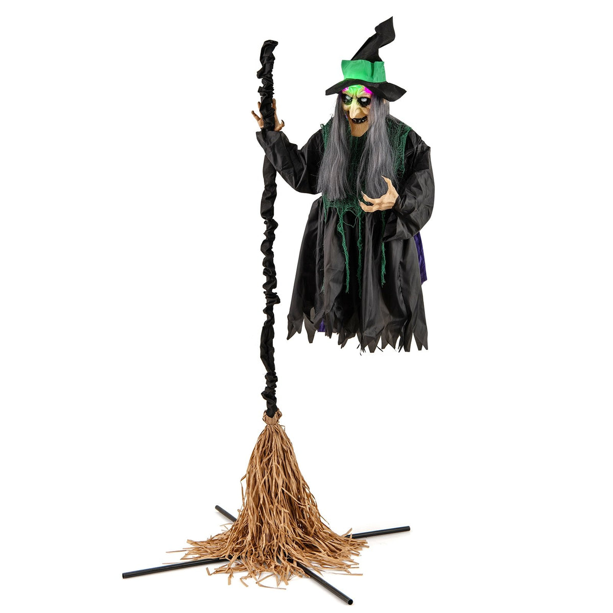 7-foot witch on broom Halloween animatronic with LED lights, spooky holiday decor for Halloween celebrations.