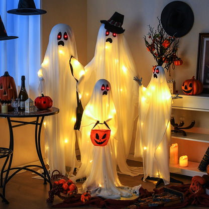 Four white cloth ghost Halloween decorations with red and warm white LED lights, perfect for spooky holiday decor.