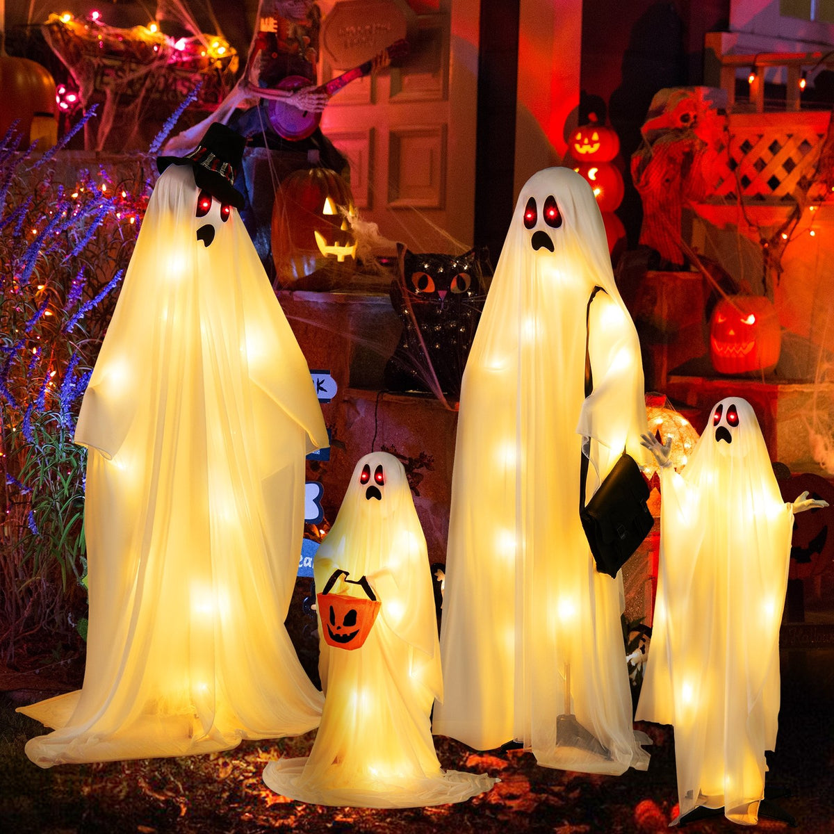Four white cloth ghost Halloween decorations with red and warm white LED lights, perfect for spooky holiday decor.