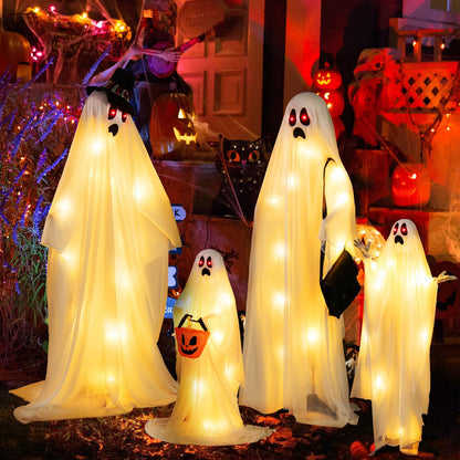 Four white cloth ghost Halloween decorations with red and warm white LED lights, perfect for spooky holiday decor.