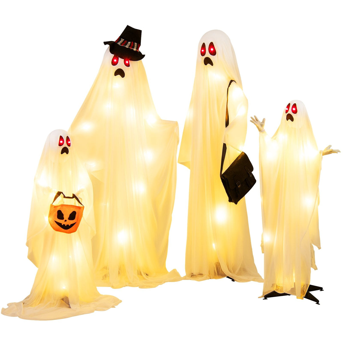 Four white cloth ghost Halloween decorations with red and warm white LED lights, perfect for spooky holiday decor.