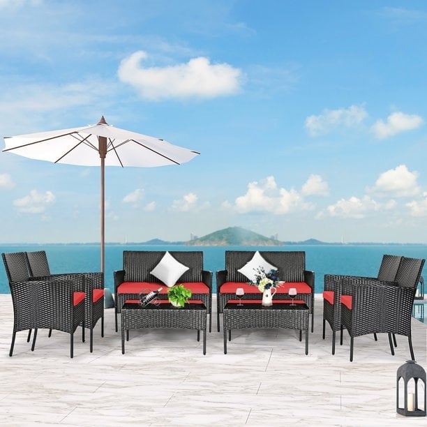 8 Pieces Patio Cushioned Rattan Furniture Set-Red