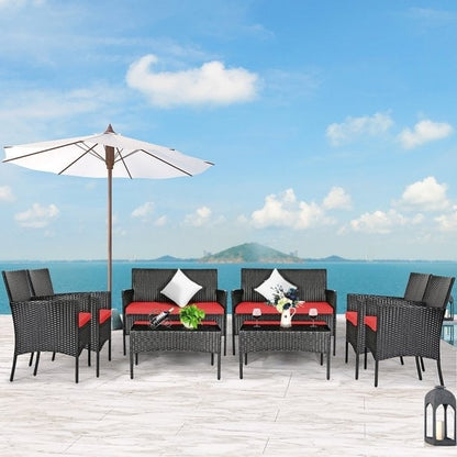 8 Pieces Patio Cushioned Rattan Furniture Set-Red