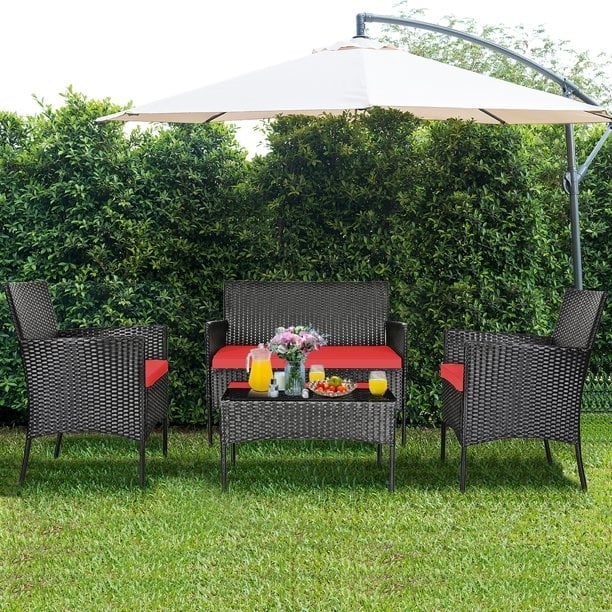 8 Pieces Patio Cushioned Rattan Furniture Set-Red
