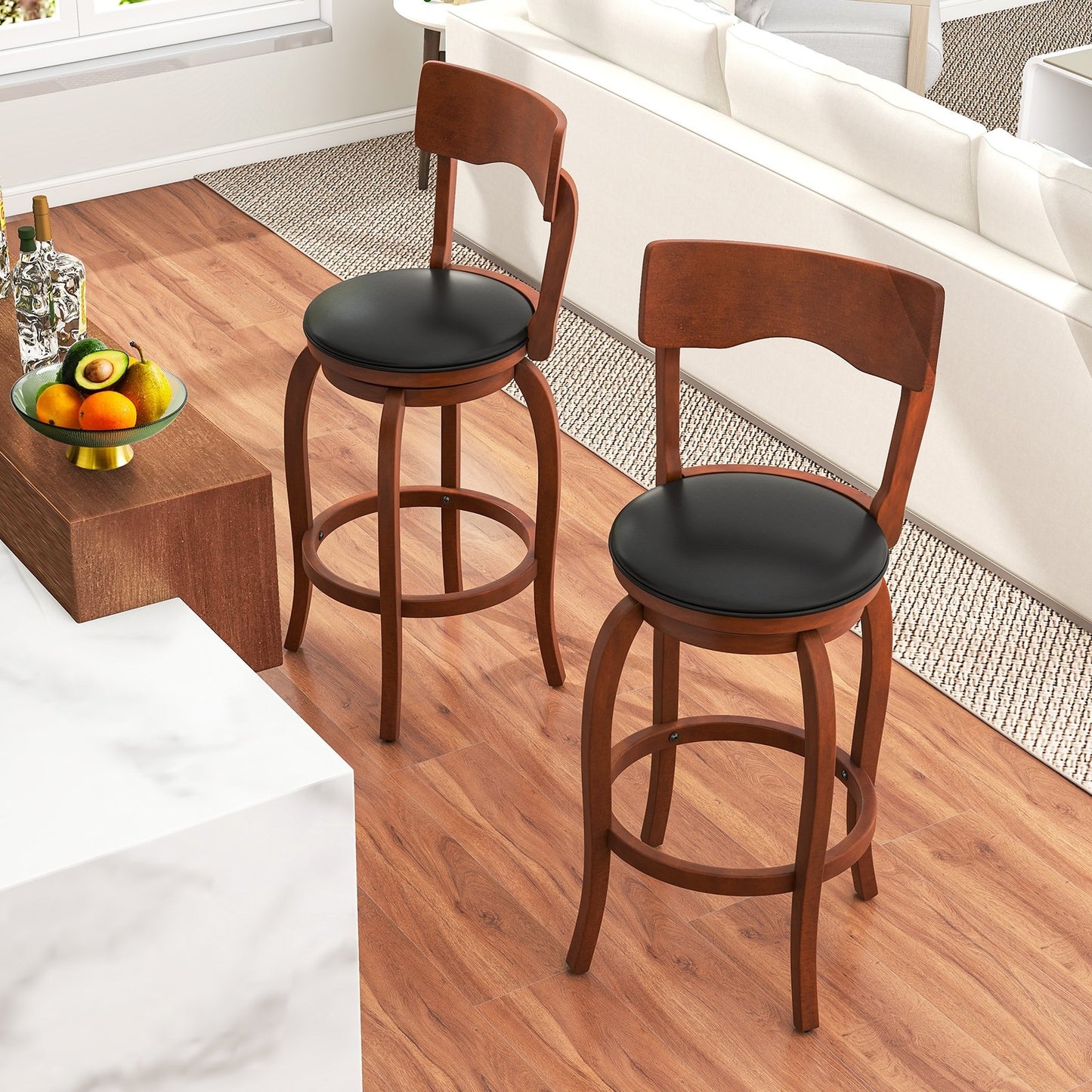 Swivel Bar Stools Set of 2 with Rubber Wood Frame and Upholstered Seat-29 Inch