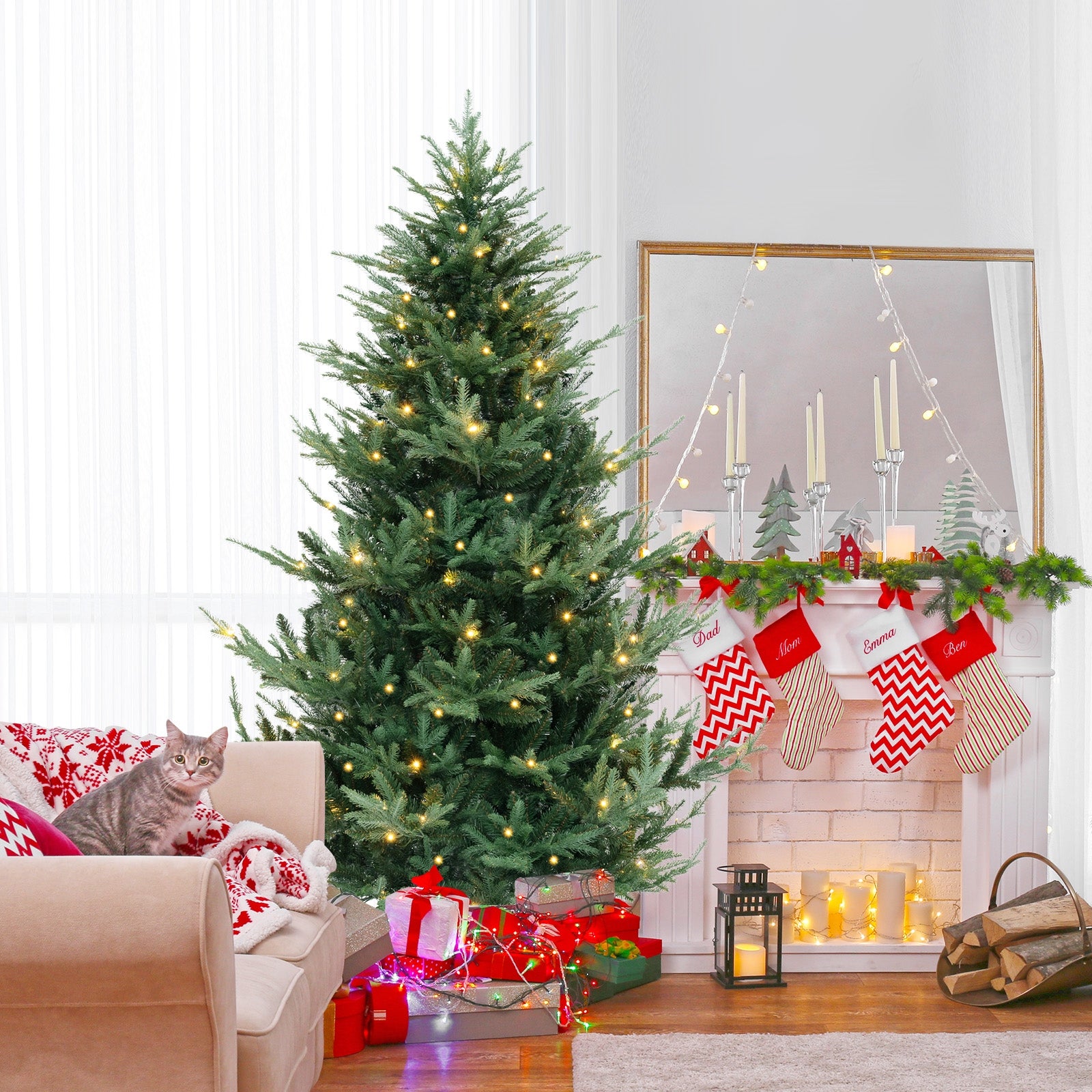 6/7/8 ft pre-lit artificial Christmas tree with hinged branches, PVC and PE tips, from Wilsons Home Store.