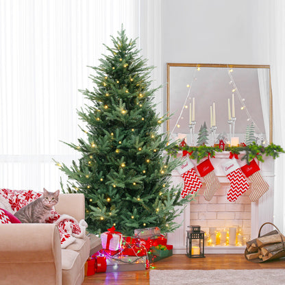 6/7/8 ft pre-lit artificial Christmas tree with hinged branches, PVC and PE tips, from Wilsons Home Store.