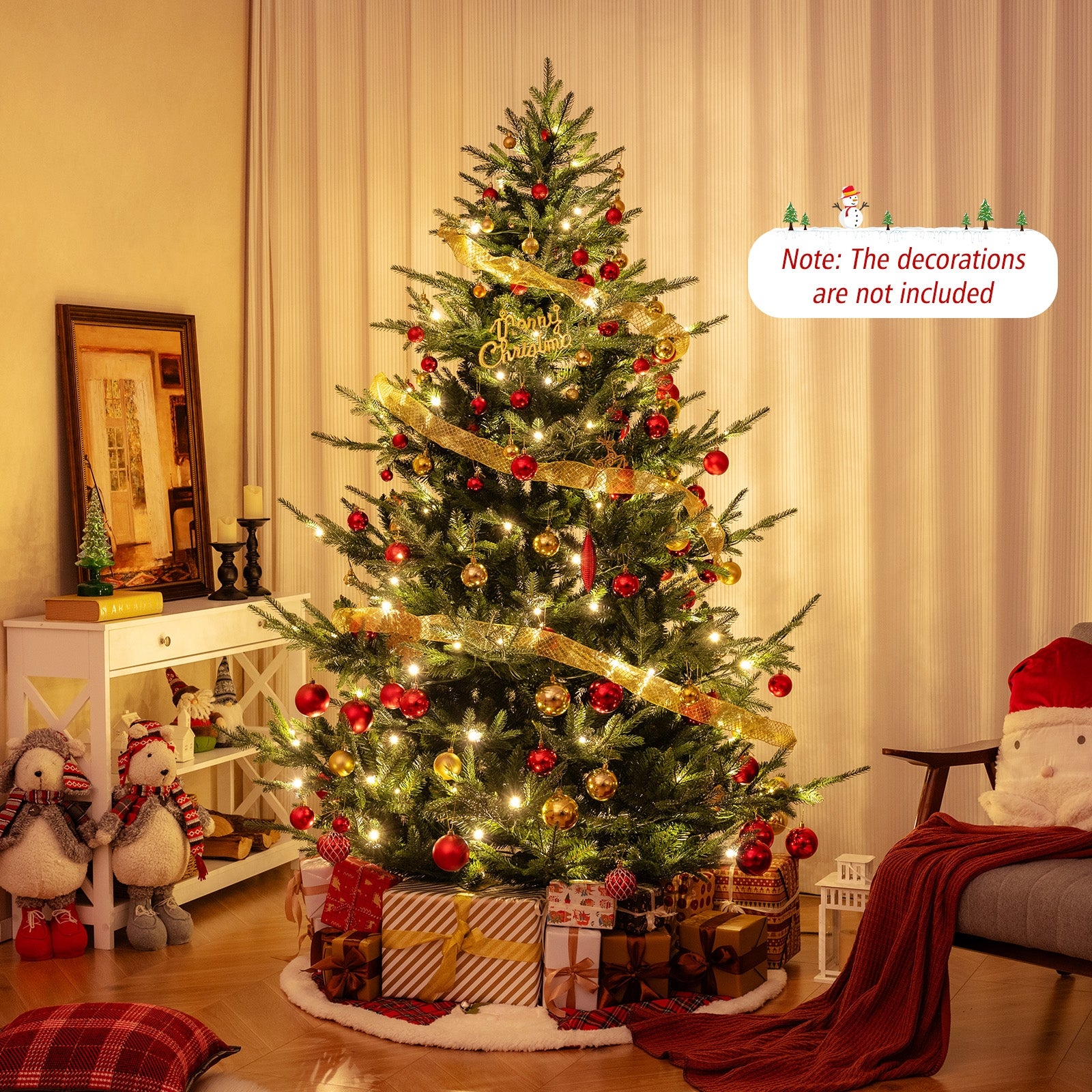 6/7/8 ft pre-lit artificial Christmas tree with hinged branches, PVC and PE tips, decorated for holiday decor.