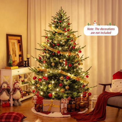 6/7/8 ft pre-lit artificial Christmas tree with hinged branches, PVC and PE tips, decorated for holiday decor.