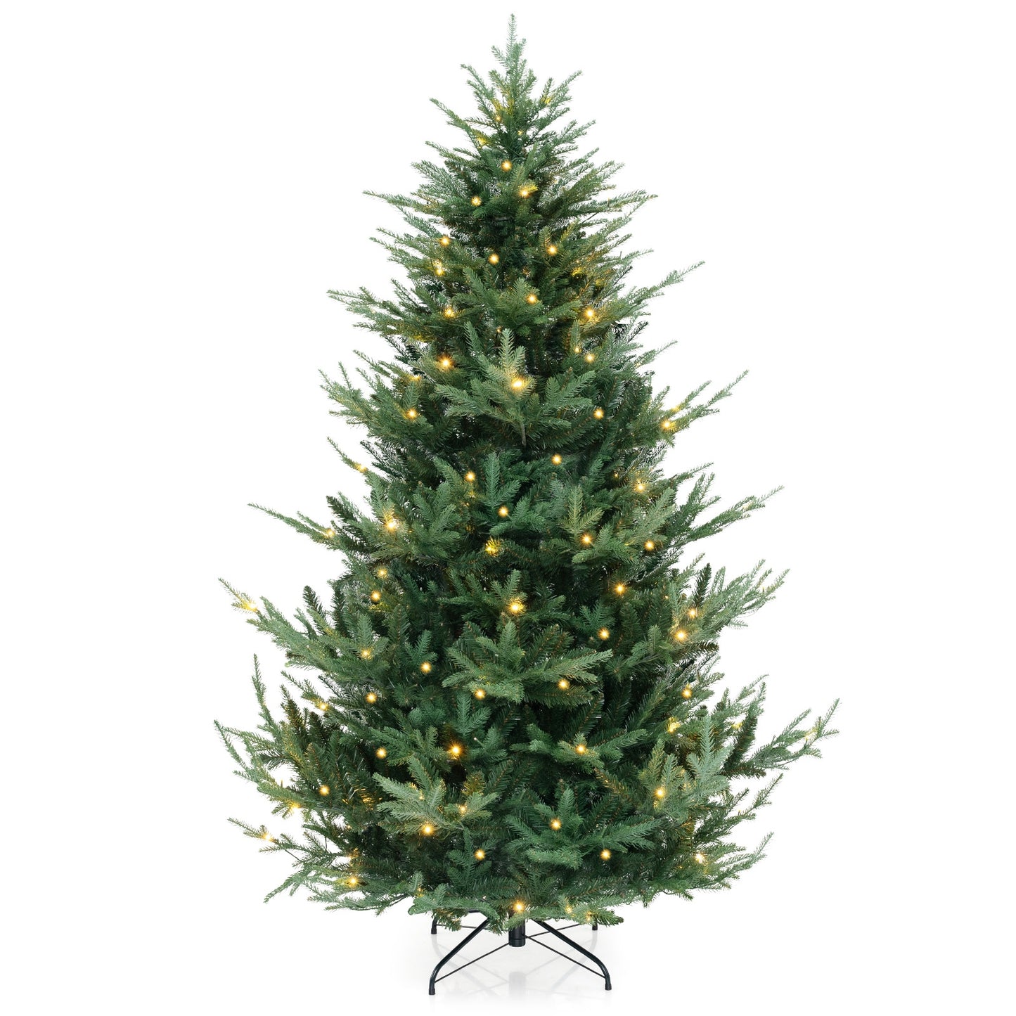 6/7/8 ft pre-lit artificial Christmas tree with hinged branches, PVC and PE tips, decorated for holiday decor.