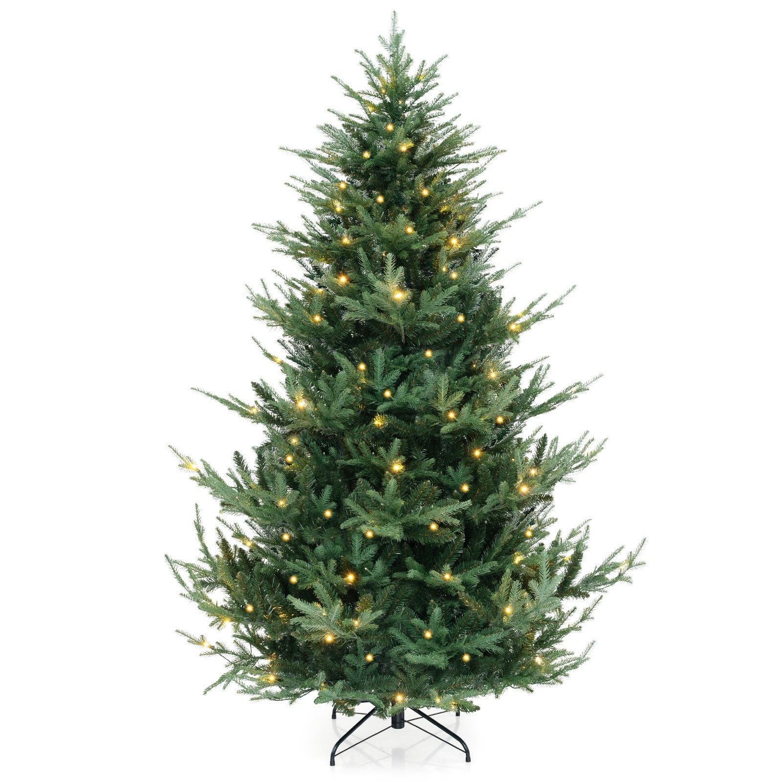 6/7/8 ft pre-lit artificial Christmas tree with hinged branches, PVC and PE tips, decorated for holiday decor.