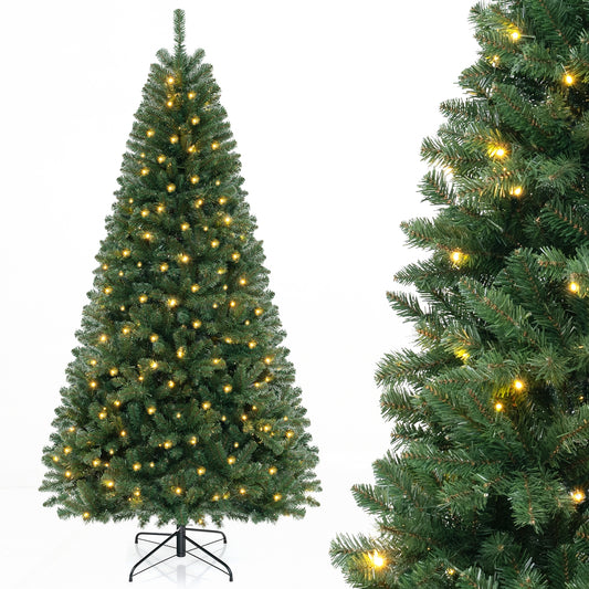 Artificial Christmas tree with warm white LED lights, available in 6, 7, or 8 ft, featuring 568, 830, or 1182 branch tips.