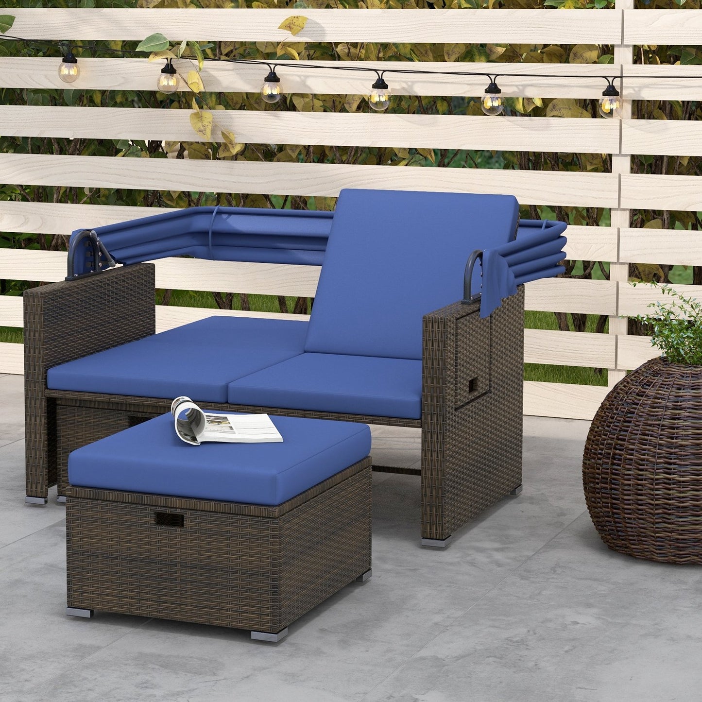 Outdoor Patio Rattan Daybed with Retractable Canopy and Adjustable Backrests-Beige