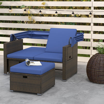 Outdoor Patio Rattan Daybed with Retractable Canopy and Adjustable Backrests-Beige
