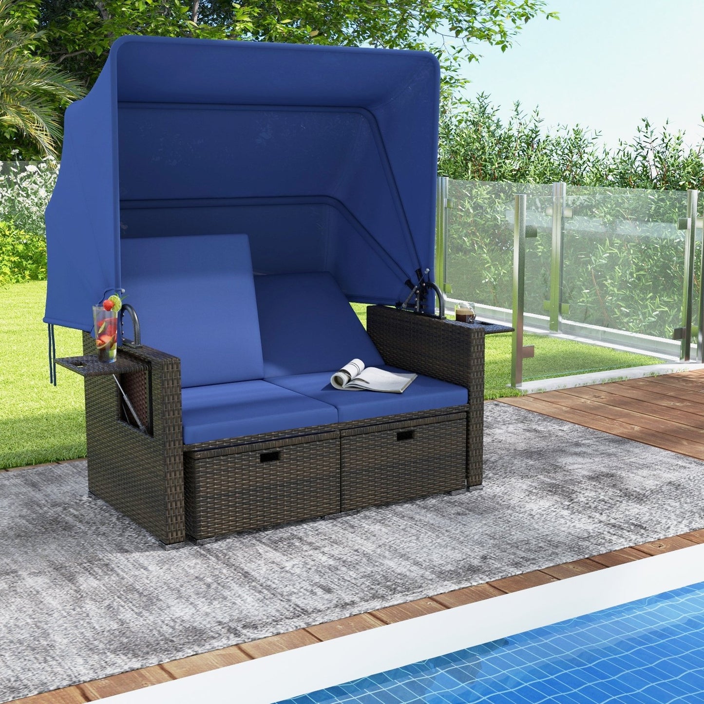 Outdoor Patio Rattan Daybed with Retractable Canopy and Adjustable Backrests-Beige