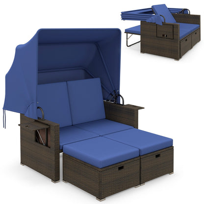 Outdoor Patio Rattan Daybed with Retractable Canopy and Adjustable Backrests-Beige