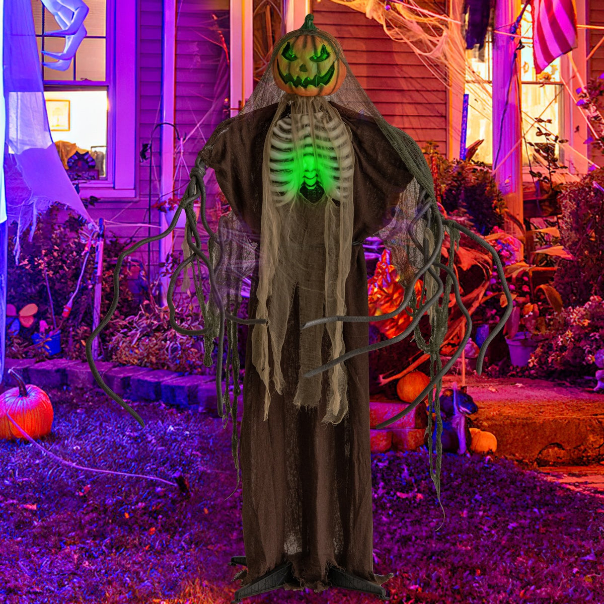 Six-foot Halloween animatronic ghost with glowing pumpkin, illuminated ribs, and moving head for spooky holiday decor.