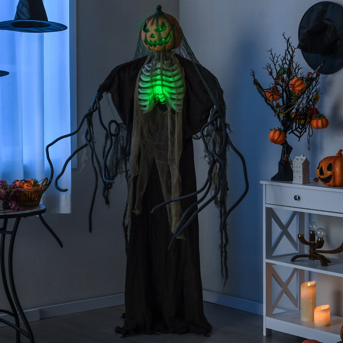 6-foot Halloween talking ghost with glowing ribs, moving head, and pumpkin decoration, perfect for spooky holiday decor.