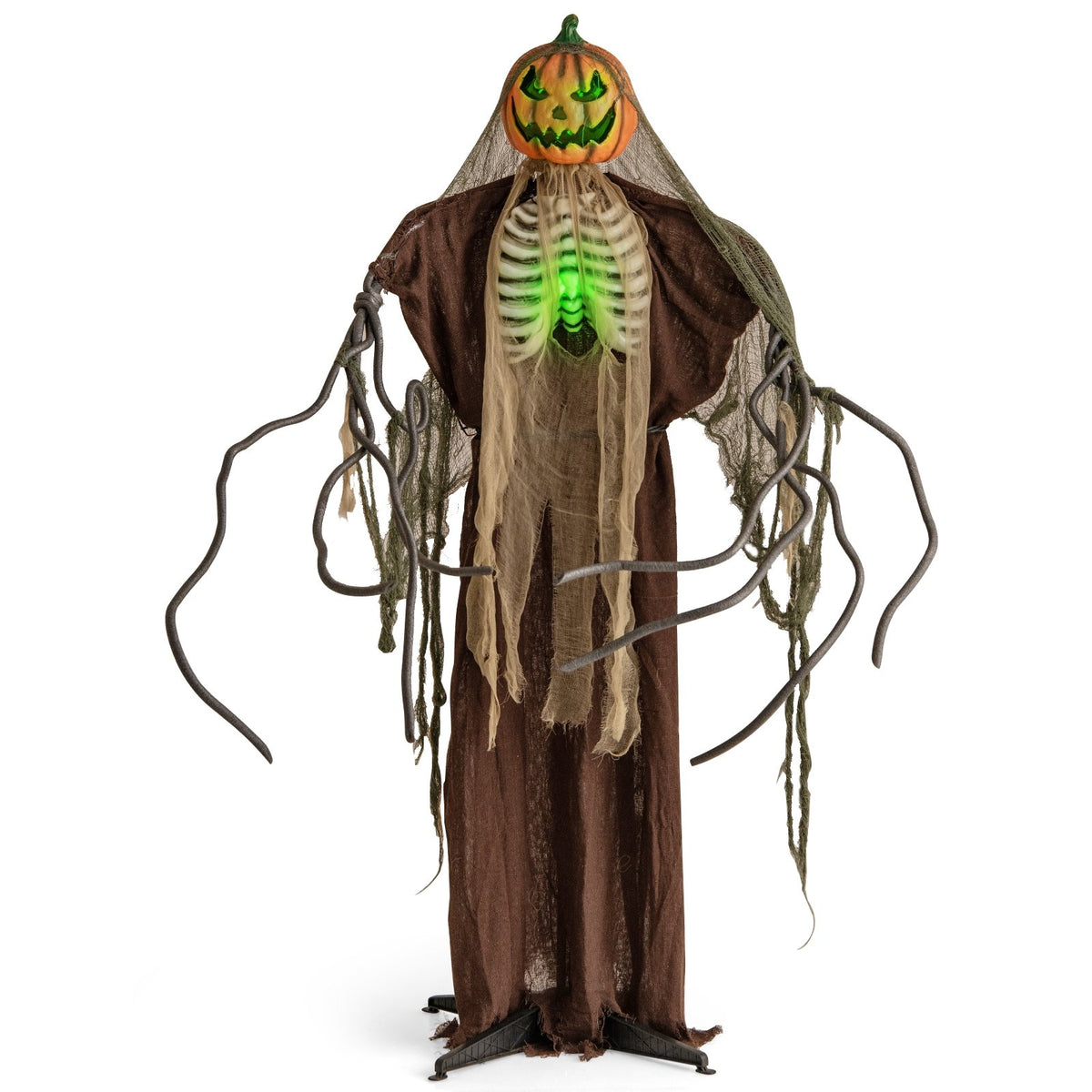 Six-foot Halloween talking ghost with glowing ribs, moving head, and pumpkin, animated decor for spooky holiday fright.