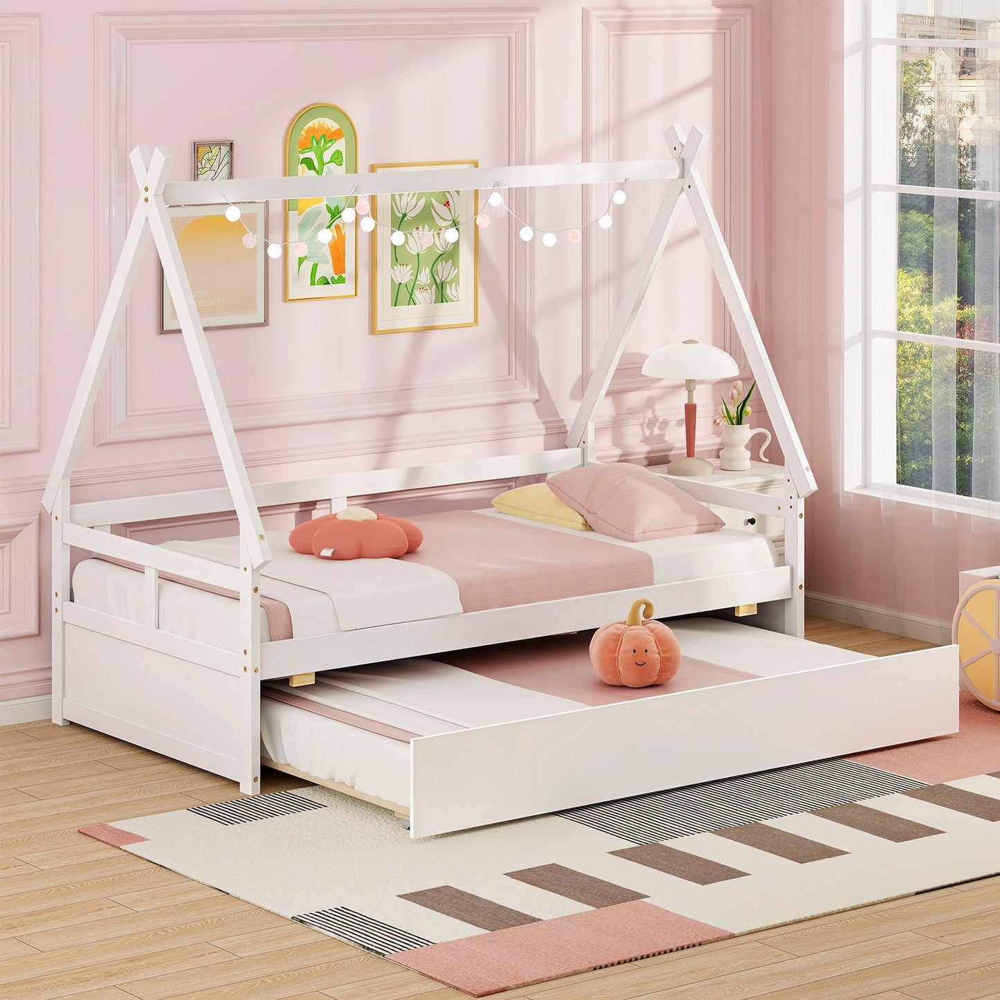 Twin Size House Bed with Trundle and Safety Guardrail-Gray