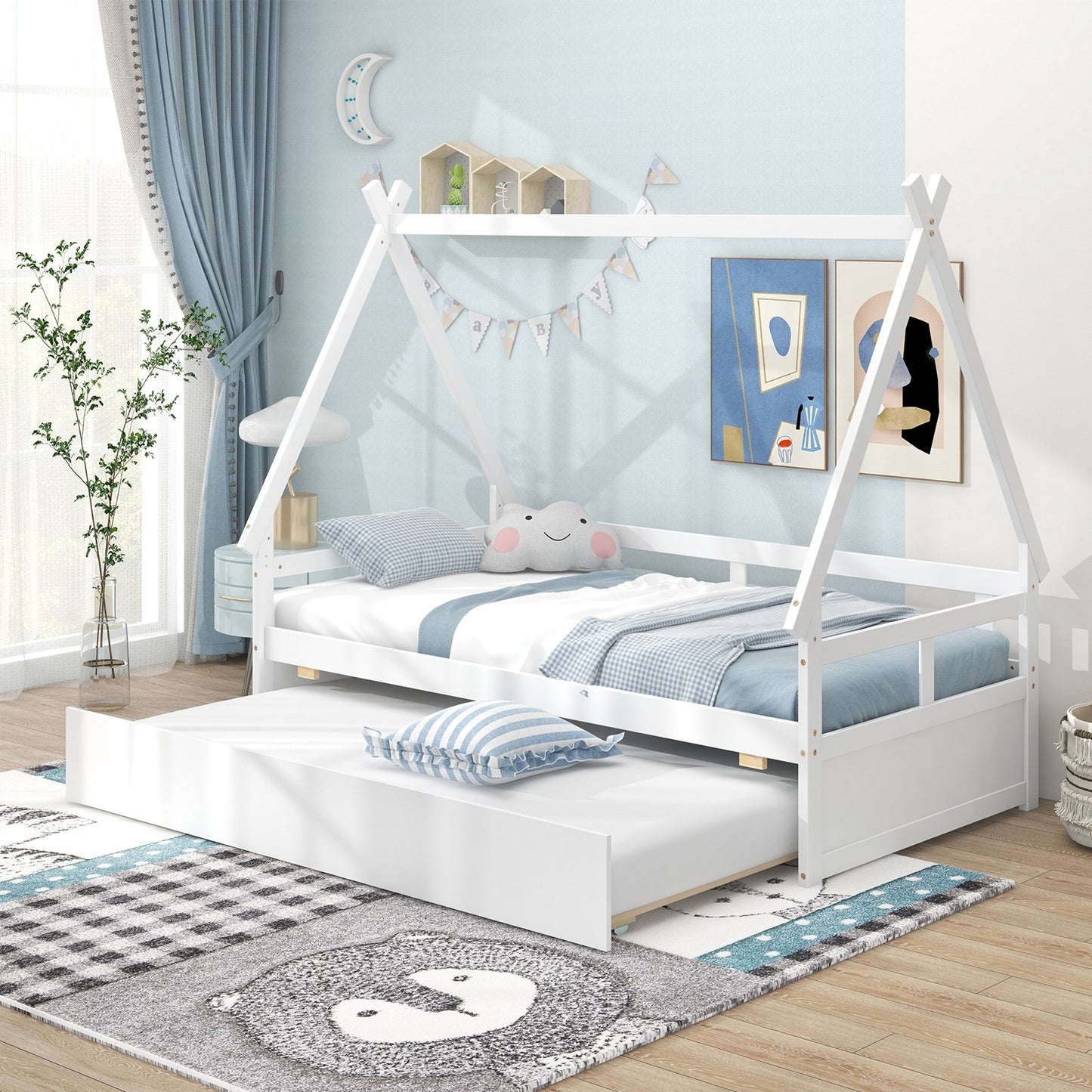 Twin Size House Bed with Trundle and Safety Guardrail-Gray