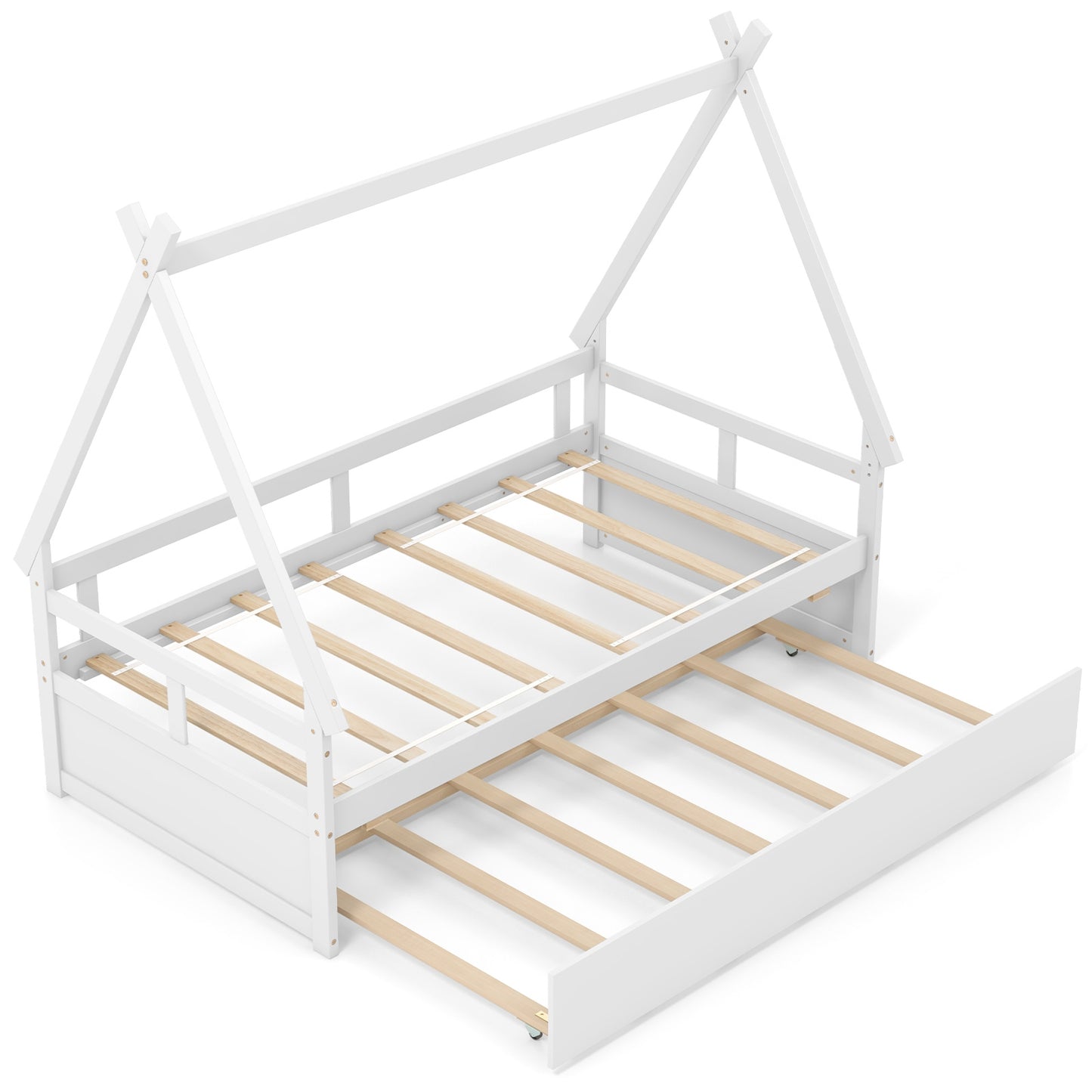 Twin Size House Bed with Trundle and Safety Guardrail-Gray