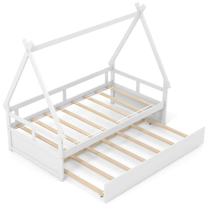 Twin Size House Bed with Trundle and Safety Guardrail-Gray