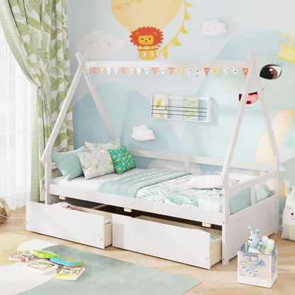 Twin Size House Bed with Roof and Safety Guardrail-Gray