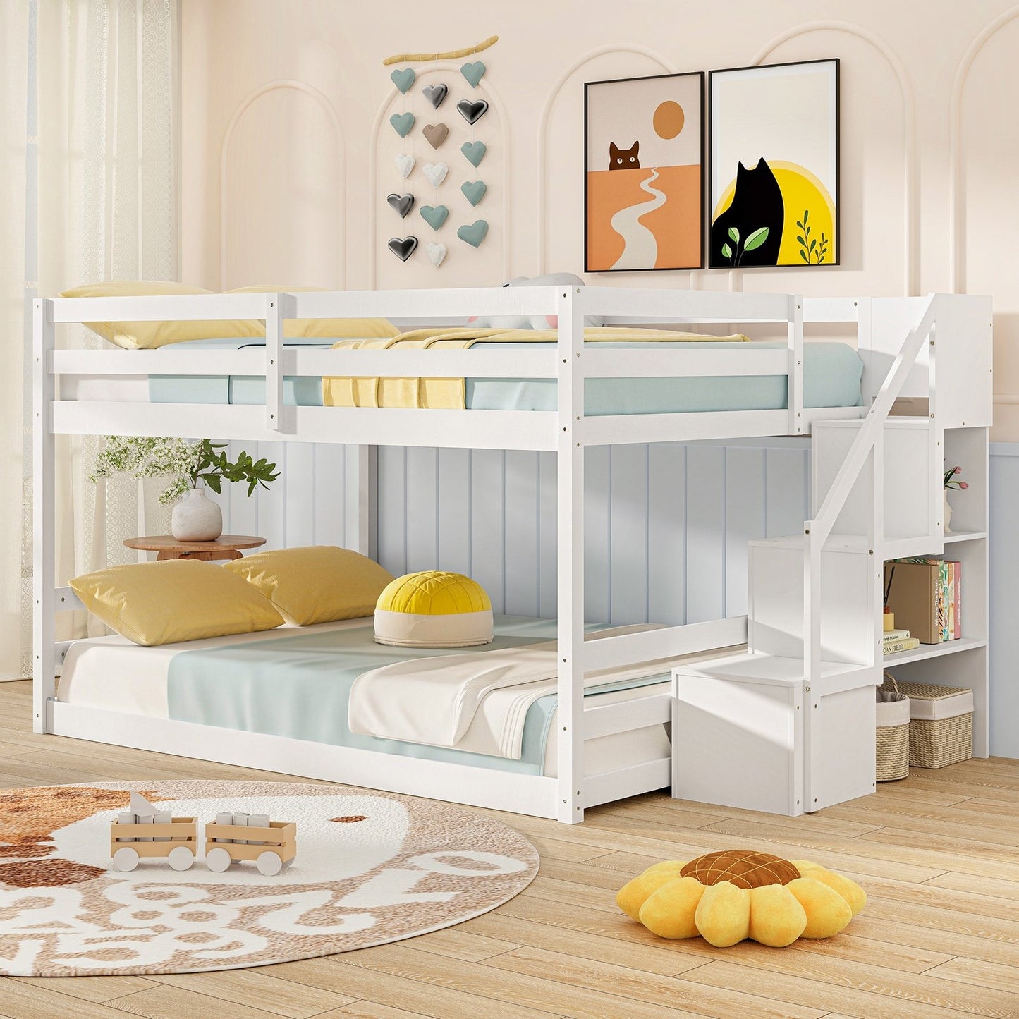 Solid Wood Full Over Full Low Bunk Bed with Storage Stairs-Gray