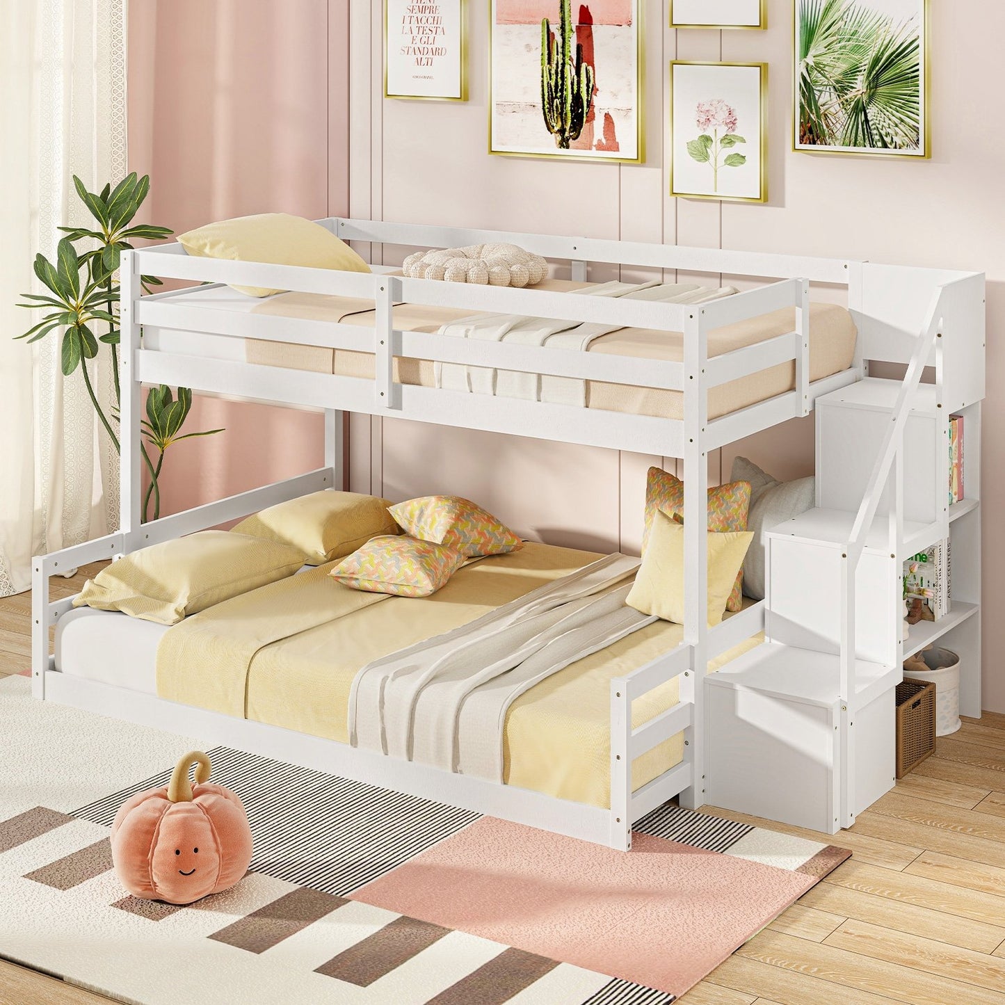 Solid Wood Twin Over Full Low Bunk Bed with Storage Stairs-Grey