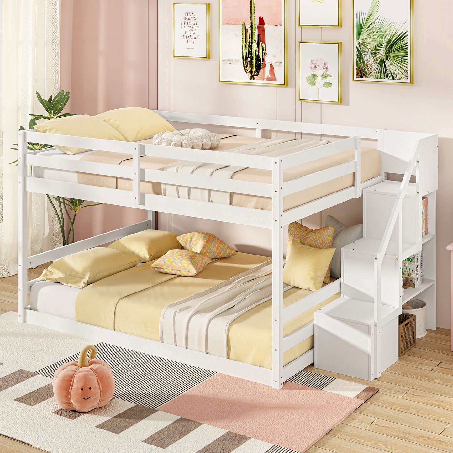 Solid Wood Full Over Full Low Bunk Bed with Storage Stairs-Gray