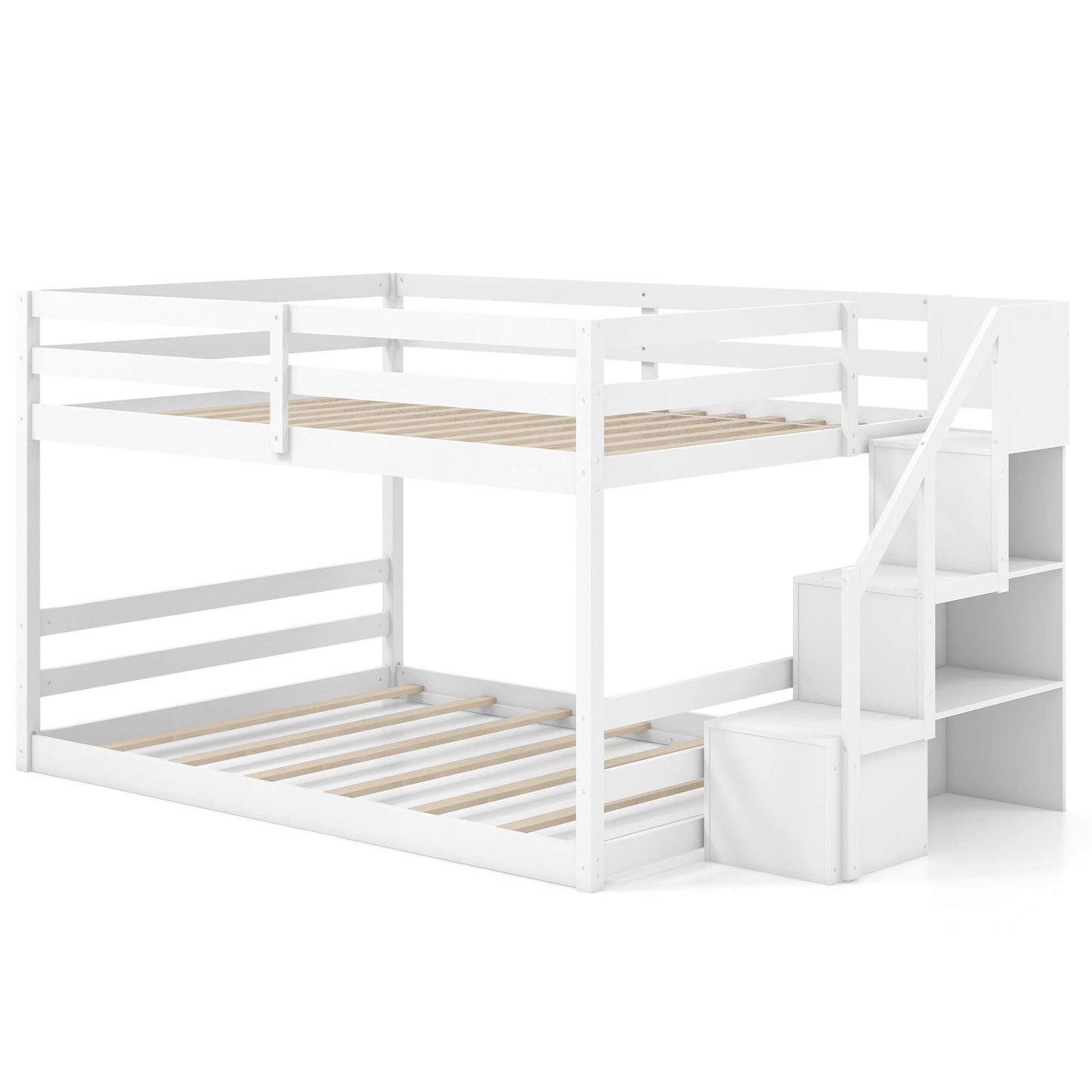 Solid Wood Full Over Full Low Bunk Bed with Storage Stairs-Gray
