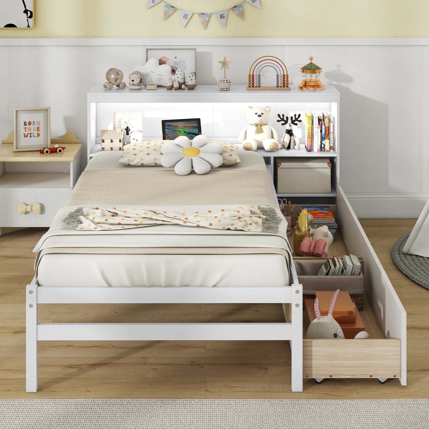 Twin Size Bed Frame with LED Light and Bookcase Headboard-Gray