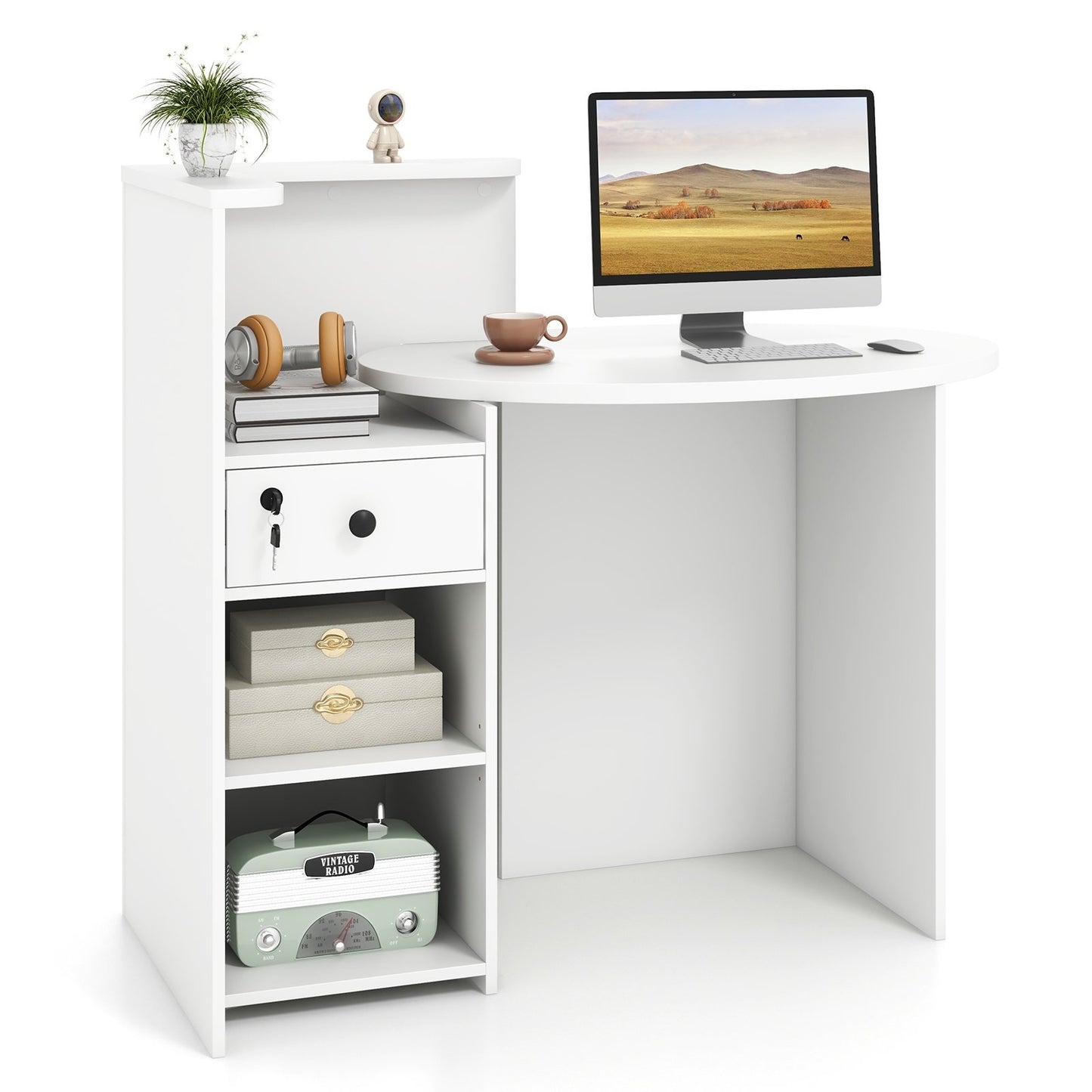 Reception Office Desk with Open Shelf and Lockable Drawer-Black